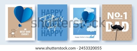 Set of 4 Father's Day greeting cards in modern paper cut style. Vector illustration for cover, poster, banner, flyer and social media.