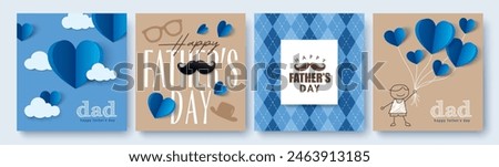 Set of 4 Father's Day greeting cards in modern paper cut style. Vector illustration for cover, poster, banner, flyer and social media.