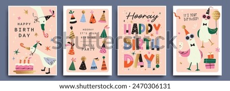 Set of Birthday greeting card with cute little ducks, party hats, cake, balloons and typography design.