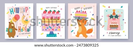 Set of Birthday greeting card with cute little pig, fox, bear, duck, cakes and colorful confetti.