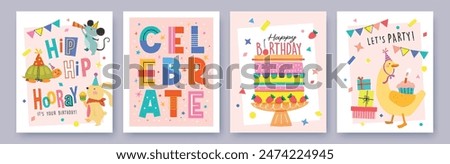 Set of Birthday greeting card with cute cartoon character animals, cake and colorful confetti.