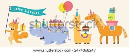 Happy birthday collection with cartoon character animals. Birthday party vector illustration for greeting card, invitation, event, poster, sticker, prints.
