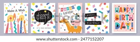 Happy birthday collection with cartoon character animals, candles, colorful confetti and typography design. Birthday party vector illustration for greeting card, invitation, poster, sticker, prints.