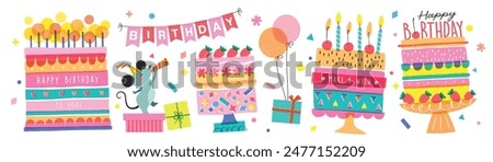 Happy birthday collection with cute little mouse and cakes. Birthday party vector illustration for greeting card, invitation, event, poster, sticker, prints.