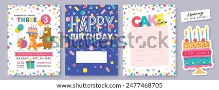 Happy birthday collection with cute little hedgehog, fox, bear, balloons, cakes and colorful confetti. Birthday party vector illustration for greeting card, invitation, poster, sticker, gift tag