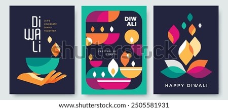 Set of happy Diwali Hindu festival modern design with hands holding diya, oil lamps and typography. Vector illustration for greeting card, poster, cover, banner.