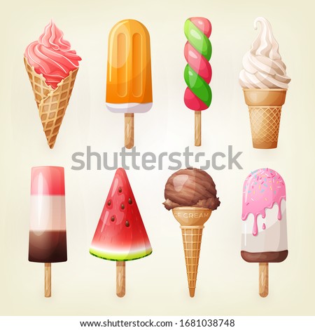 Set of various delicious ice cream including lolly ice, cones with different topping and fruit ice. Vector illustration of healthy food for takeout, bar or restaurant menu. Cartoon style icon.