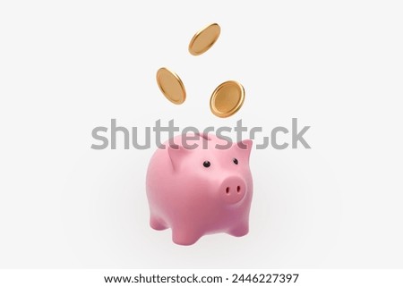 3D icon. Piggy bank with gold flying coins. Vector illustration of money storage in a cute and simple cartoon style.