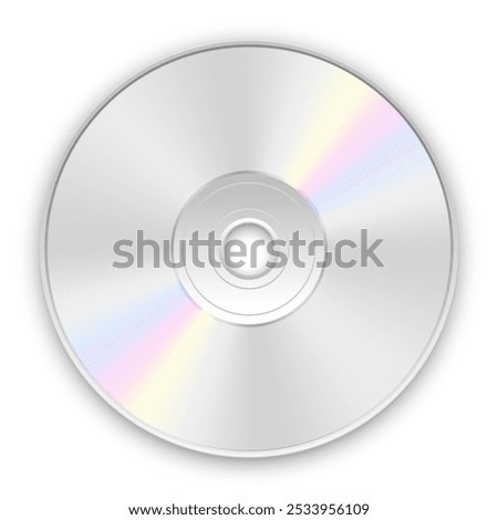 Vector illustration of transparent silver CD or DVD disc with rainbow reflection and soft shadow on white background. Realistic compact disc icon.