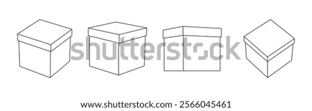 Set of gift boxes, contour drawing. Linear perspective, different angles. Editable stroke. Stroke weight can be changed. Linear icon, vector illustration.