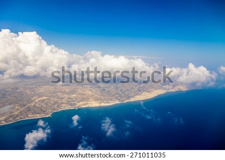Cyprus island shore and Mediterranean sea view from the airplane.