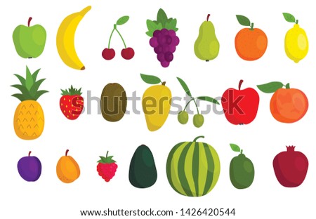 Cute cartoon fruits set in flat style isolated on white background. Icons. Vector illustration.  