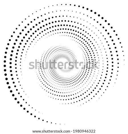 Dotted, dots, speckles abstract concentric circle. Spiral, swirl, twirl element. Circular and radial lines volute, helix. Segmented circle with rotation. Radiating arc lines. Cochlear, vortex
