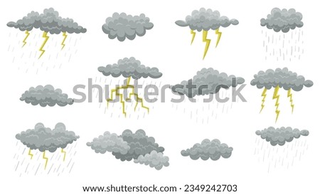 Grey clouds with rain and lightning. Drawing of thunderclouds or thunder isolated on white background. Weather, summer or autumn concept, bad or sad mood.