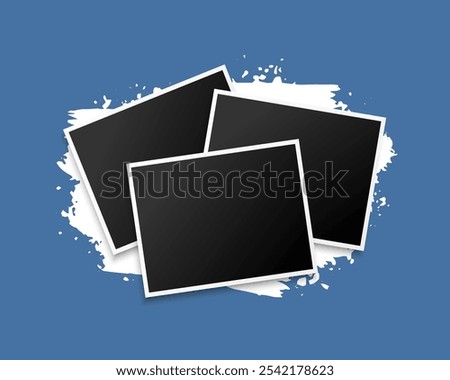 three stacked photo frames on blue background design