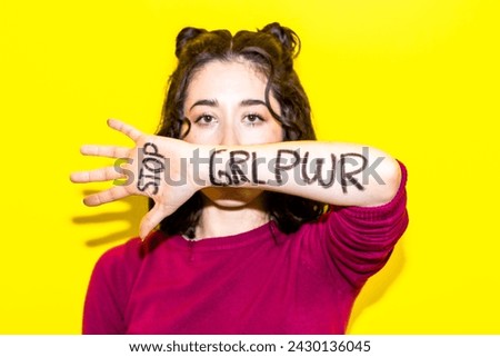 Similar – Image, Stock Photo girl power written in white on a black piece of paper