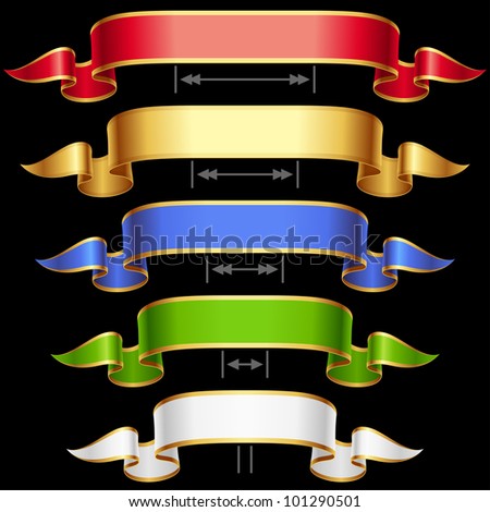 Ribbon set with adjustable length. Vector red, golden, blue, green and white frame isolated on background