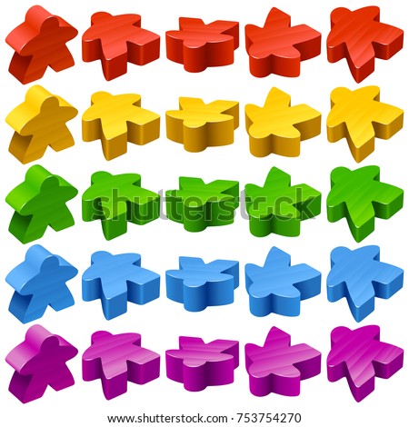 Vector set of standard wooden meeples for board games. Multicolor game pieces isolated on white background. Boardgames symbol for community icons or geek print