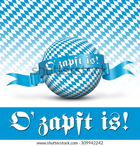 Elegant Curved Blue Ribbon with Text Imprint Wrapped Around Sphere with Bavarian Pattern - Bavaria German Language