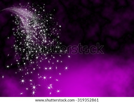 Abstract Bright and Glittering Falling Star Tail - Shooting Star with Twinkling Star Trail on Violet Background. Sparkling Starlets.