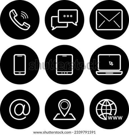 Simple icons of Phone, Mail, Mobile, Go to WEB, Address  and Comment as symbols for web design