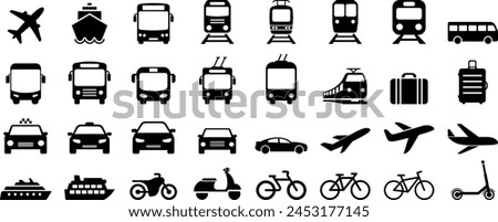 Bus, tram, trolleybus, subway, train, ship, bicycle and car flat icons as symbols of transport