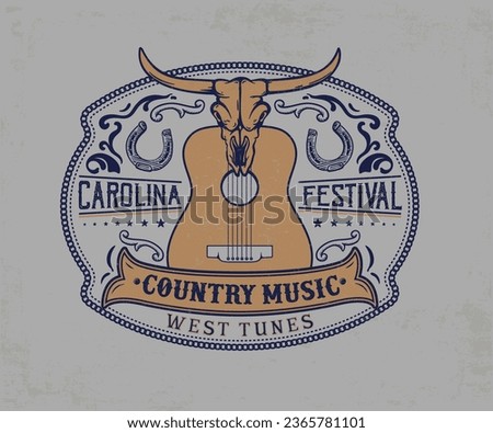 western country music fest vector design, country festival artwork for t shirt, sticker, poster, label, western vintage typography design, skull and guitar art, carolina desert festival