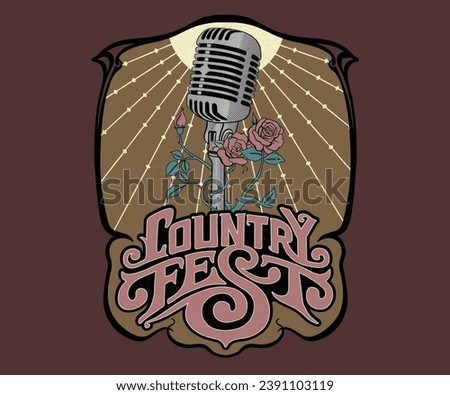 country music fest retro vintage design, vintage microphone with rose vector illustration, western country festival artwork for t shirt, sticker, poster, graphic print