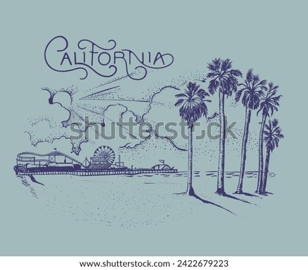 santa monica california beach vector art, palm beach vacation hand drawing, cloud and sky illustration, Pacific Park amusement park