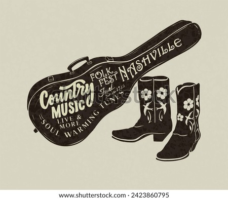 vintage old guitar with typography vector design, western cowboy music festival artwork, vintage t shirt design, cowgirl boots drawing, one color design 