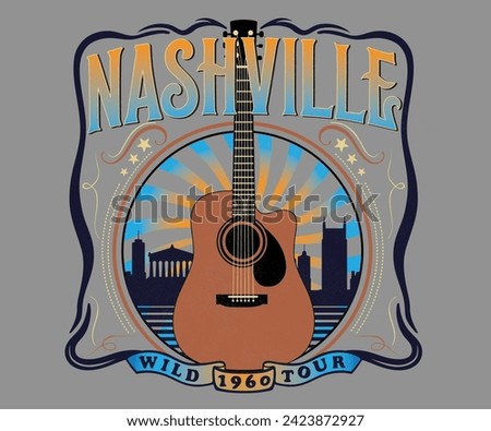 nashville music city vector design, retro vintage wester music artwork for t shirt, sticker, poster, graphic print, classics guitar vector with typography 