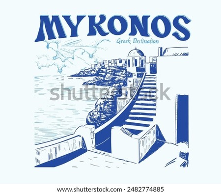 Mykonos Greek island vector art, summer travel city landscape, holidays outdoor artwork for t shirt, poster, graphic print, travel Greece hand drawn illustration