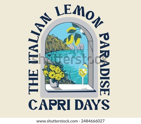 Capri Italian summer travel vector illustration, Italian lemon with beach vector illustration, summer holiday graphic t shirt design, retro vintage beach art 