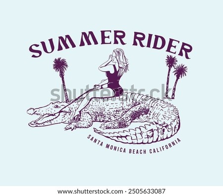 women riding crocodile vector illustration, California beach vacation t shirt design, girl on crocodile vector drawing, palm beach graphic print design