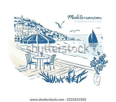 Spanish Mediterranean coast vector art, European summer travel destination vector illustration, curse trip hand drawn vector, Spanish island vacation artwork for t shirt, poster, graphic