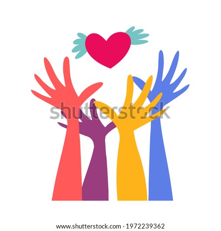 Many colorful hands release or catch a heart with wings. Volunteers hands up with heart emblem icon for education, health care, medical, volunteer, vote. 