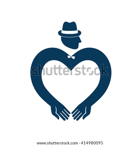 Blue male icon.  Man vector. Heart symbol. Heart vector. Hands icon. 