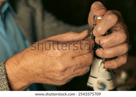 Similar – Foto Bild Älterer Mann öffnet Champagnerflasche während der Weihnachtsfeier zu Hause