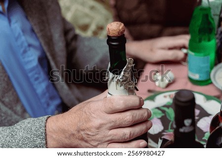 Similar – Foto Bild Älterer Mann öffnet Champagnerflasche während der Weihnachtsfeier zu Hause