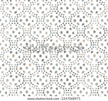 Tiled seamless geometric pattern of dotted and wavy lines. Grey, beige and green trellis geometric pattern on white background.
