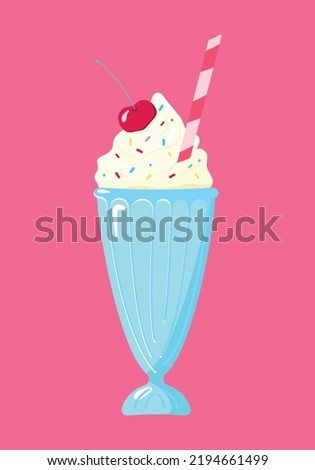 Milkshake. Vector illustration of milkshake with whipped cream for menu design or for advertising. Milk dessert decorated with cherries and colored sprinkles with straw.