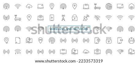 Wireless and Network vector line icon set. Contains linear outline icons like Connection, Signal, Internet, Phone, Radio, Computer, Wifi, Communication, Antenna