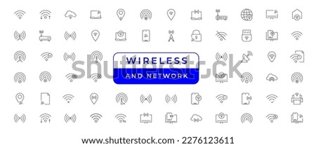 Wireless and Network vector line icon set. Contains linear outline icons like Connection, Signal, Internet, Phone, Radio, Computer, Wifi, Communication, Antenna
