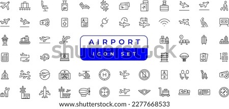 Airport vector line icon set. Contains linear outline icons like Plane, Ticket, Baggage, Seat, Wifi, Bag, Departure, Terminal, Passport, Transport, Luggage, Airplane