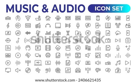 music and audio universal thin line icons set on white, minimalistic, flat Set of thin line web icon set, simple outline icons collection, Pixel Perfect icons, Simple vector illustration.
