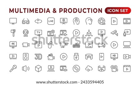 Multimedia and Production icon set. Cinema icon set. Movie sign collection. Set of cinema, movie, video icons, collection film, TV. Popcorn box package Big movie reel. Outline icon set collection.