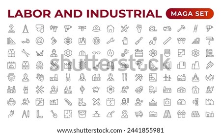 Labor and Industrial icon set. Line set of Engineer, Gear, and Gears mechanical machine icons. Manufacturing and Engineering line icon set. Production, Setting, Industrial Factory,  Labour,