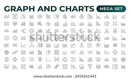 Growing bar graph icon set. Business graphs and charts icons. Statistics and analytics vector icon. Statistic and data, charts diagrams, money, down or up arrow.Outline icon collection.