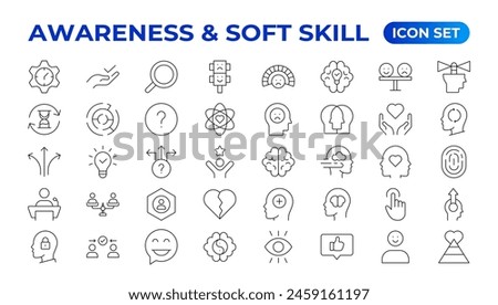 Set of self awareness icons. Thin linear style icons Pack.Vector Illustration.Volunteering set. Outline set volunteering vector icon. Soft skills icon Containing communication, empathy, assertiveness.