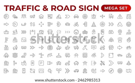 Road and traffic line icons collection. Street, transport, fuel, vehicle, location, car service icons. UI icon set. Thin outline pack. Way direction arrow sign. Roadsigns. Outline icon collection.